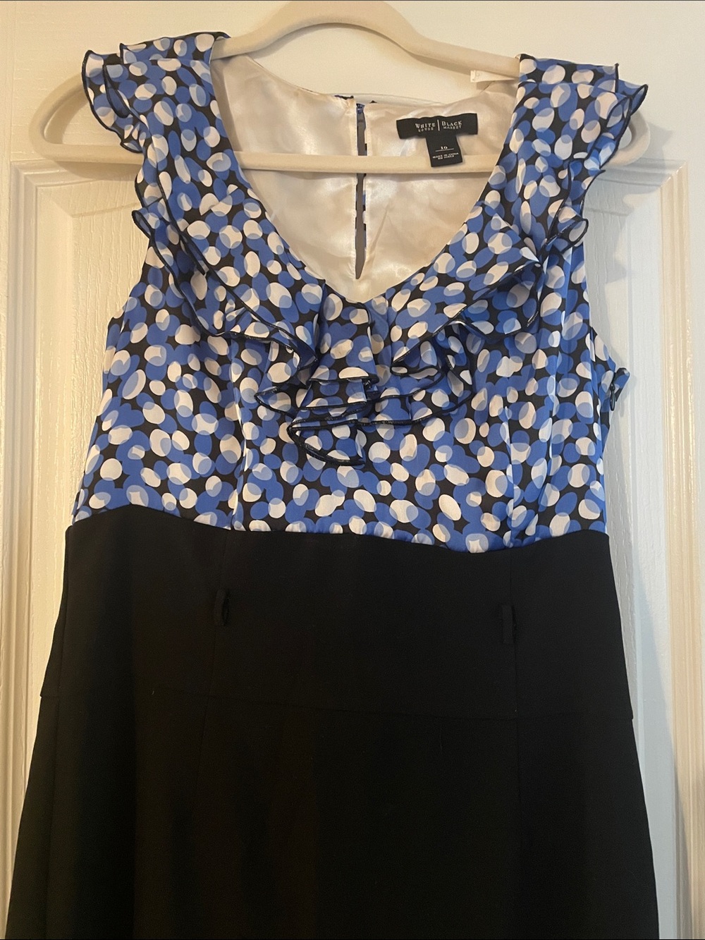 White House Black Market Blue & White Ruffle V-Neck Sleeveless Dress